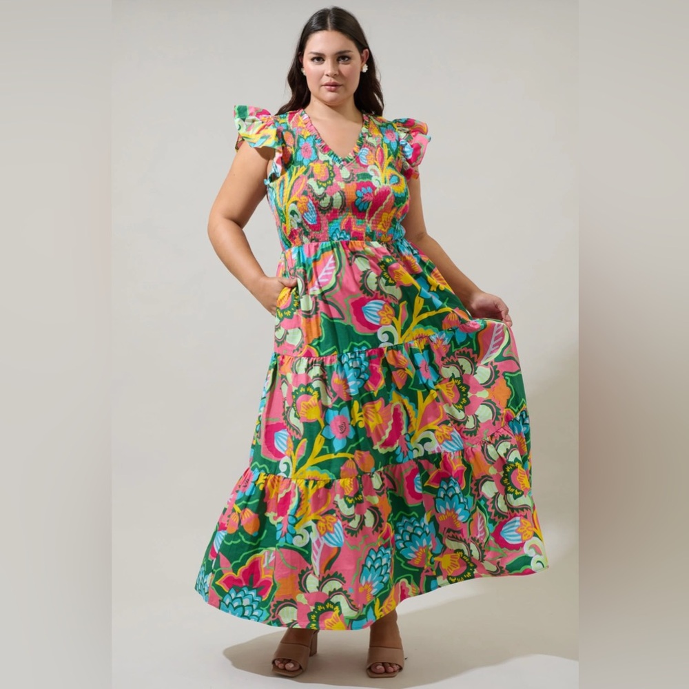 NWT Sugarlips 1X Lanai Multi Color Tropic Smocked MIDI Dress - Picture 3 of 7